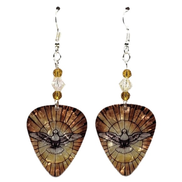Handmade Jewelry - Religious Dove on Brown Guitar Pick Beaded Earrings - Handmade in USA New